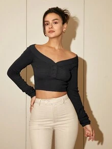 Off Shoulder Button Front Crop Sweater - Black - View 7