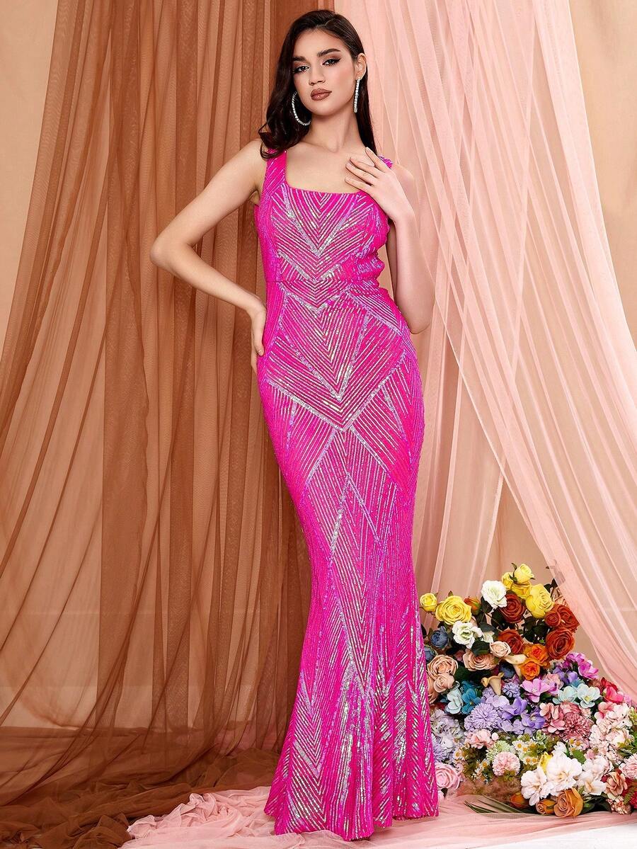 LOVE&LEMONADE Đầm dạ hội họa tiết hoa bất đối xứng màu đỏ hồng dành cho nữ - Màu Hồng Tươi - Xem 1