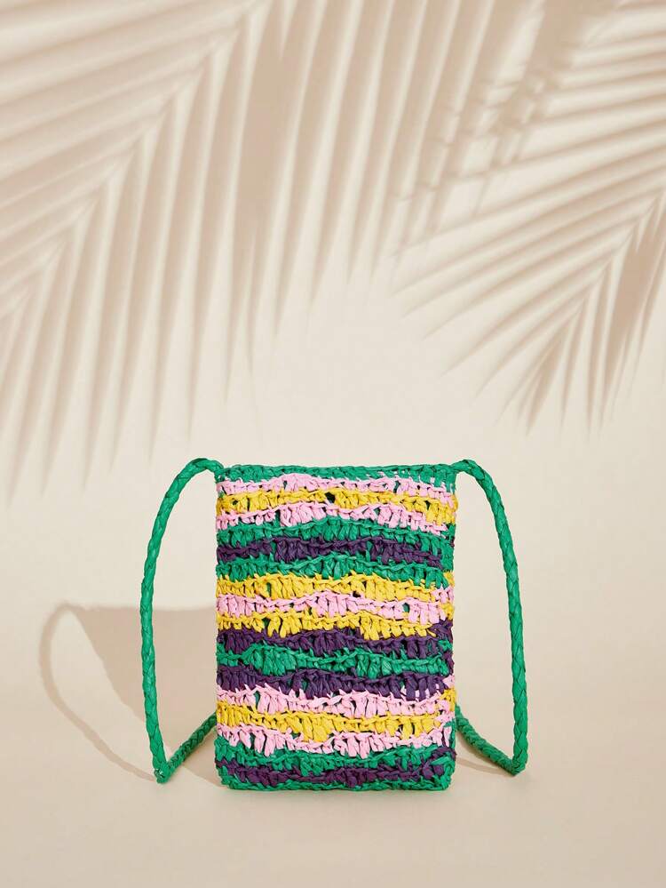 Vacation Colorblock Striped Pattern Crochet Bag,Straw Bag,Perfect For Summer Beach Travel Vacation,For Outdoor,Holiday