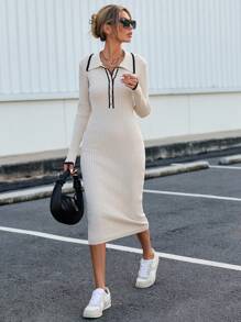 SHEIN Essnce 拼接邊前紐扣條紋針織緊身毛衣洋裝 - 米色 - 查看 6