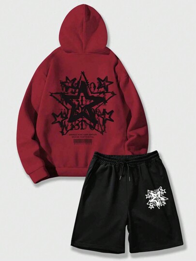 Street Life Conjunto De Sudadera Con Capucha Y Shorts Estampados De Estrella Para Hombres, Adecuado Para Uso Diario En Primavera Y Verano