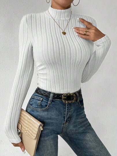 EMERY ROSE 2025 Autumn & Winter Women's Outer - Wear Long - Sleeve | Knitted Stand Collar Basic T - Shirt Skin - Friendly Soft Polyester Blend, Slightly Stretchy For Snug Fit Without Restriction Simplistic & Versatile, Ideal For Work Commutes, Casual Outings & Daily Wear Perfect As Fall/Winter Layering Base