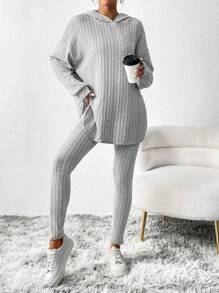 SHEIN Essnce 純色連帽衛衣和褲裝兩件套 - 淺灰色 - 查看 3