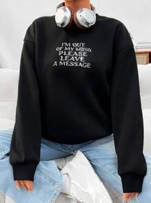 SHEIN EZwear Sudadera De Hombro Caído Con Estampado De Lema Para Mujer - Negro - Ver 2