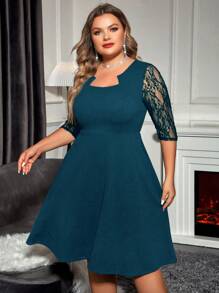 SHEIN Clasi Plus Size Lace Patchwork Dress - Teal Blue - View 3