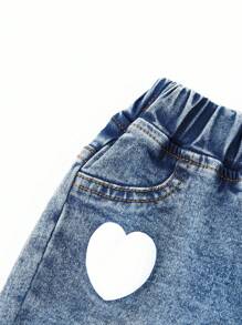 Baby Girls' Heart & Letter Pattern Washed Jeans