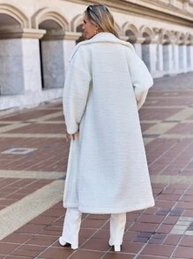 RueChic Abrigo tipo teddy con cuello vuelto y hombros caídos, abrigos sueltos de mujer lisos y blancos de uso casual para finales de otoño, para uso diario casual