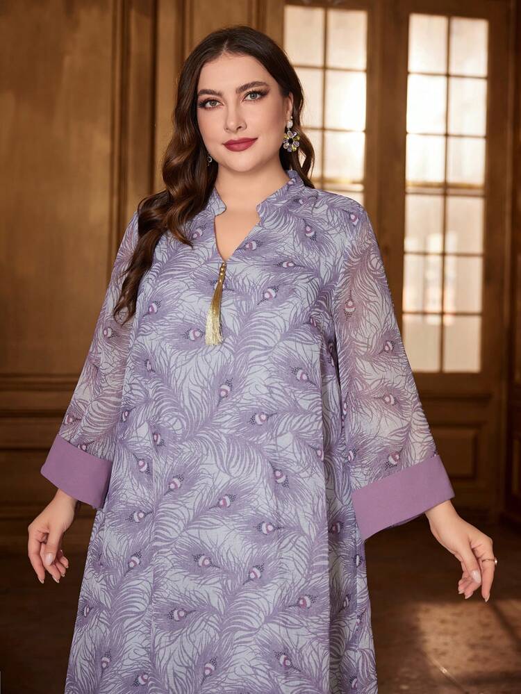 Plus Size Women'S Printed Notch Collar Arabian Dress Kaftan Jalabiya Dress