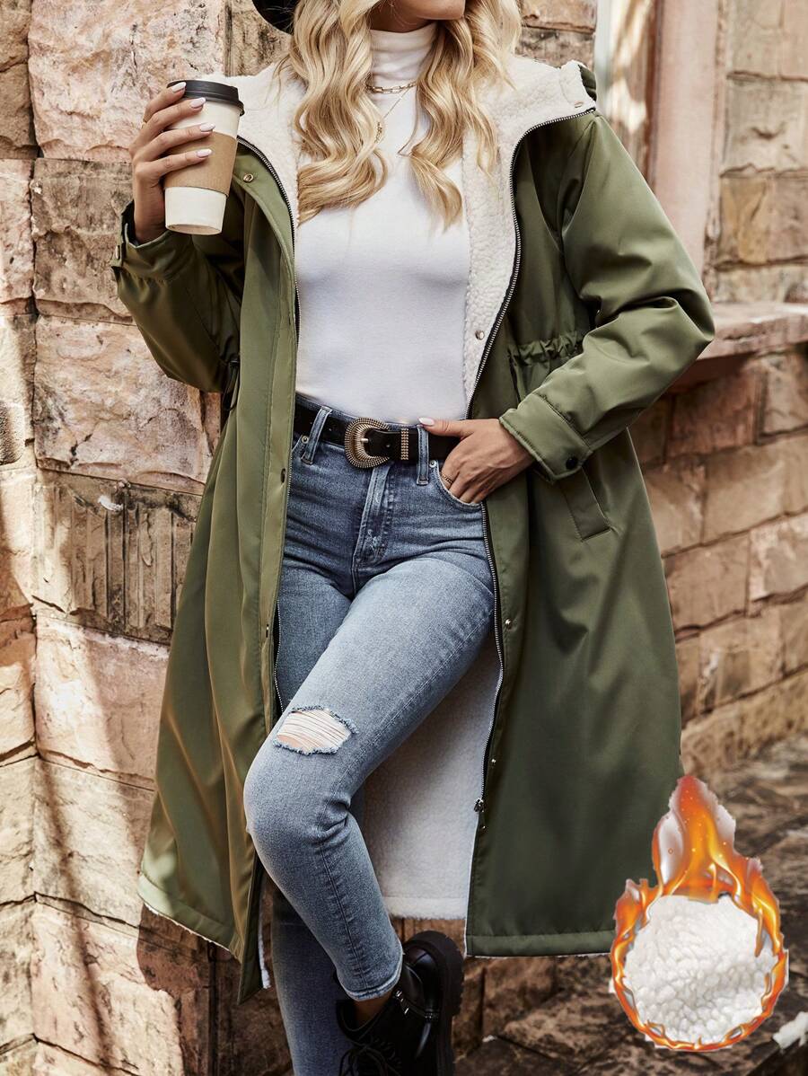 SHEIN LUNE 保暖内衬绿色腰部收紧加厚棉服外套衣服冬季 - 綠色 - 查看 1