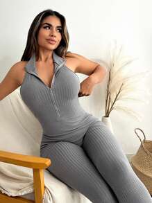 SHEIN SXY 女士肋紋無袖后背開襟緊身連體褲 - 棕色 - 查看 3