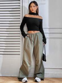 SHEIN Unity Áo len ngắn tay cổ yếm khoét rỗng, kiểu dáng chui đầu, chất liệu dệt kim, thích hợp cho mùa thu đông. - màu đen - Xem 4