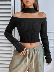 SHEIN Unity Áo len ngắn tay cổ yếm khoét rỗng, kiểu dáng chui đầu, chất liệu dệt kim, thích hợp cho mùa thu đông. - màu đen - Xem 1