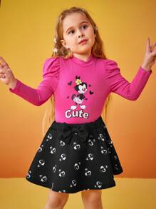 ANIMANIACS X SHEIN Young Girl Cartoon Pattern Long Sleeve Top And Skirt Set - Multicolor - View 3