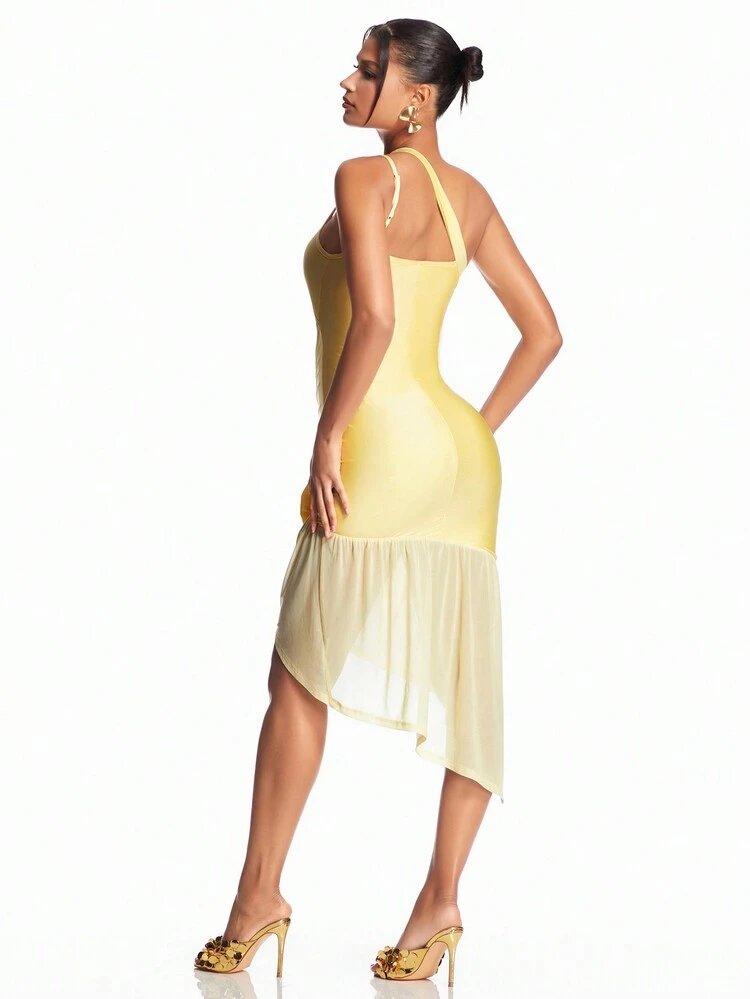 Asymmetrical Mesh One Shoulder Dress With 3d Flower Decor And Ruffle Hem