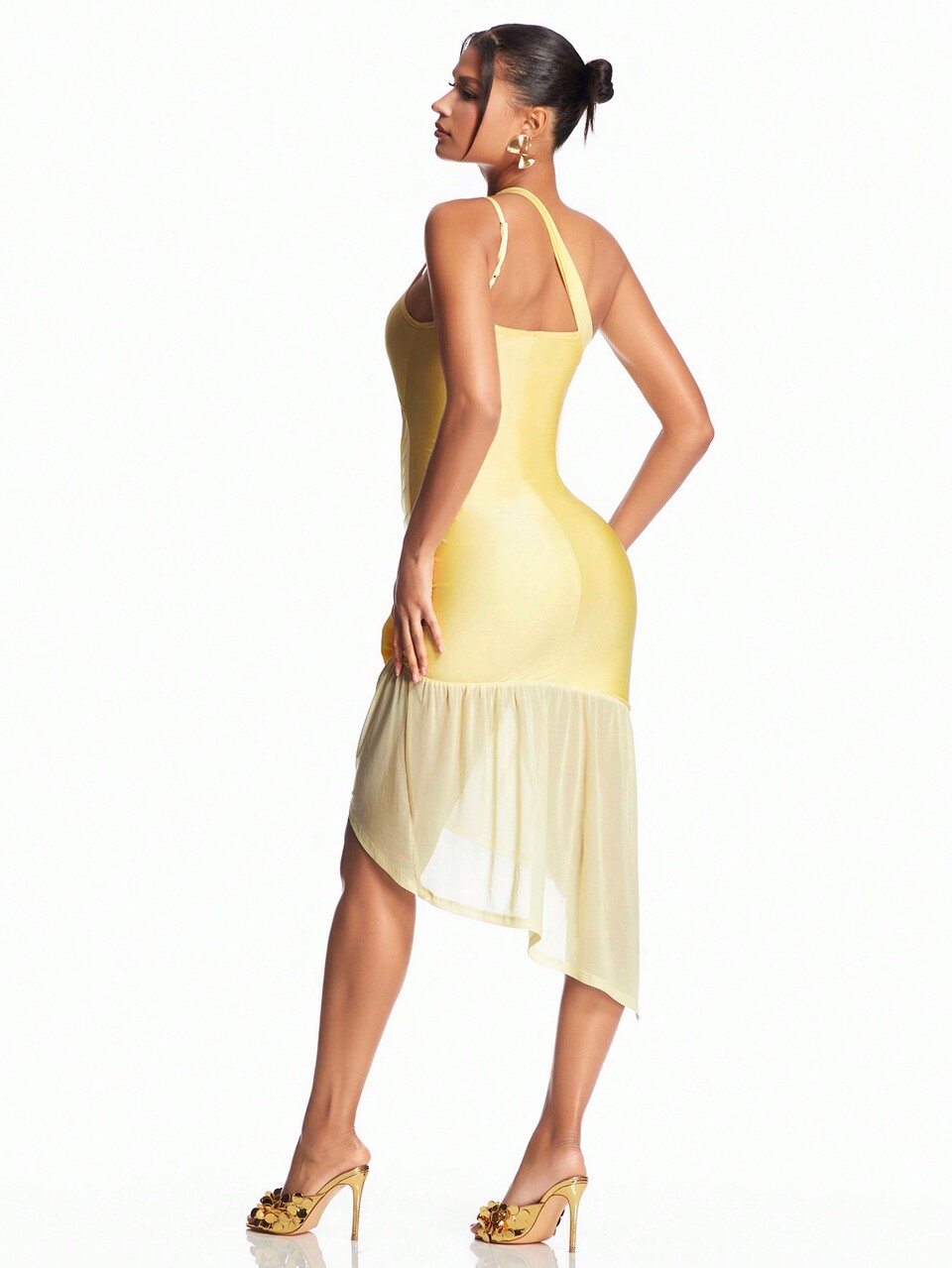 Asymmetrical Mesh One Shoulder Dress With 3d Flower Decor And Ruffle Hem