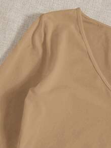 Cottnline Solid V Neck Crop Tee - Camel - View 3