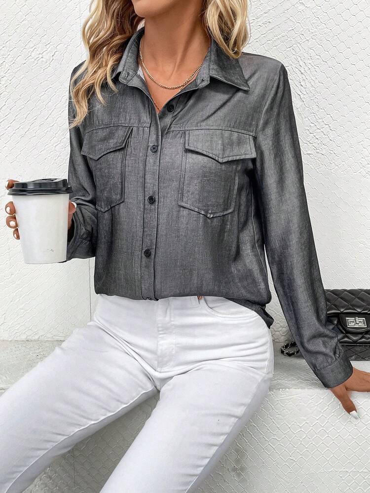 Flip Pocket Long Sleeve Casual Shirt