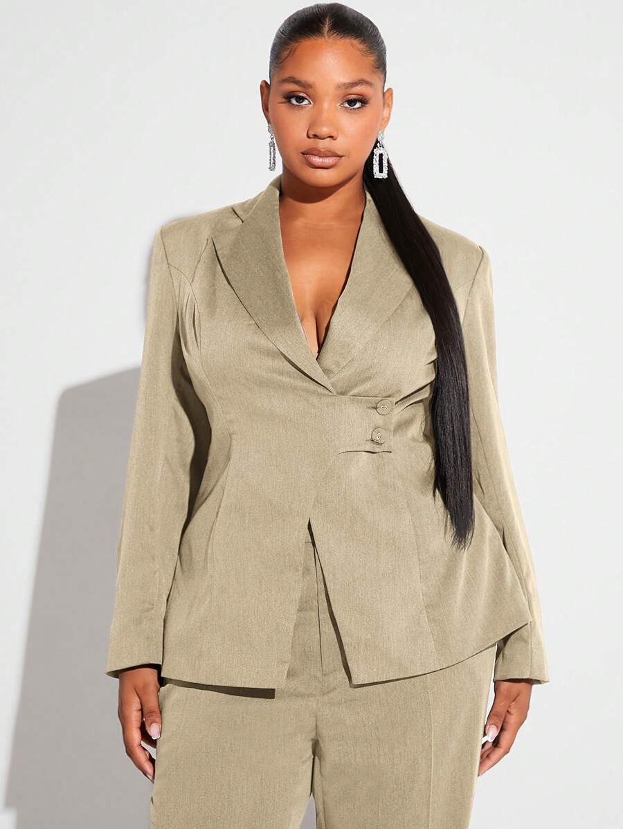 SHEIN SXY Plus Size Lapel Collar Wrap Single Breasted Suit Jacket - Khaki - View 1