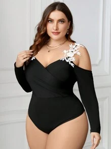 Celure Body Épaules Dénudées Taille Plus Brodé Fleuri À Patchwork Évidé