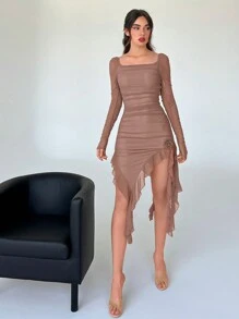 Aloruh Women's Ruffle Edge Asymmetrical Hem Dress With 3d Flower Decoration - Dusty Pink - View 1