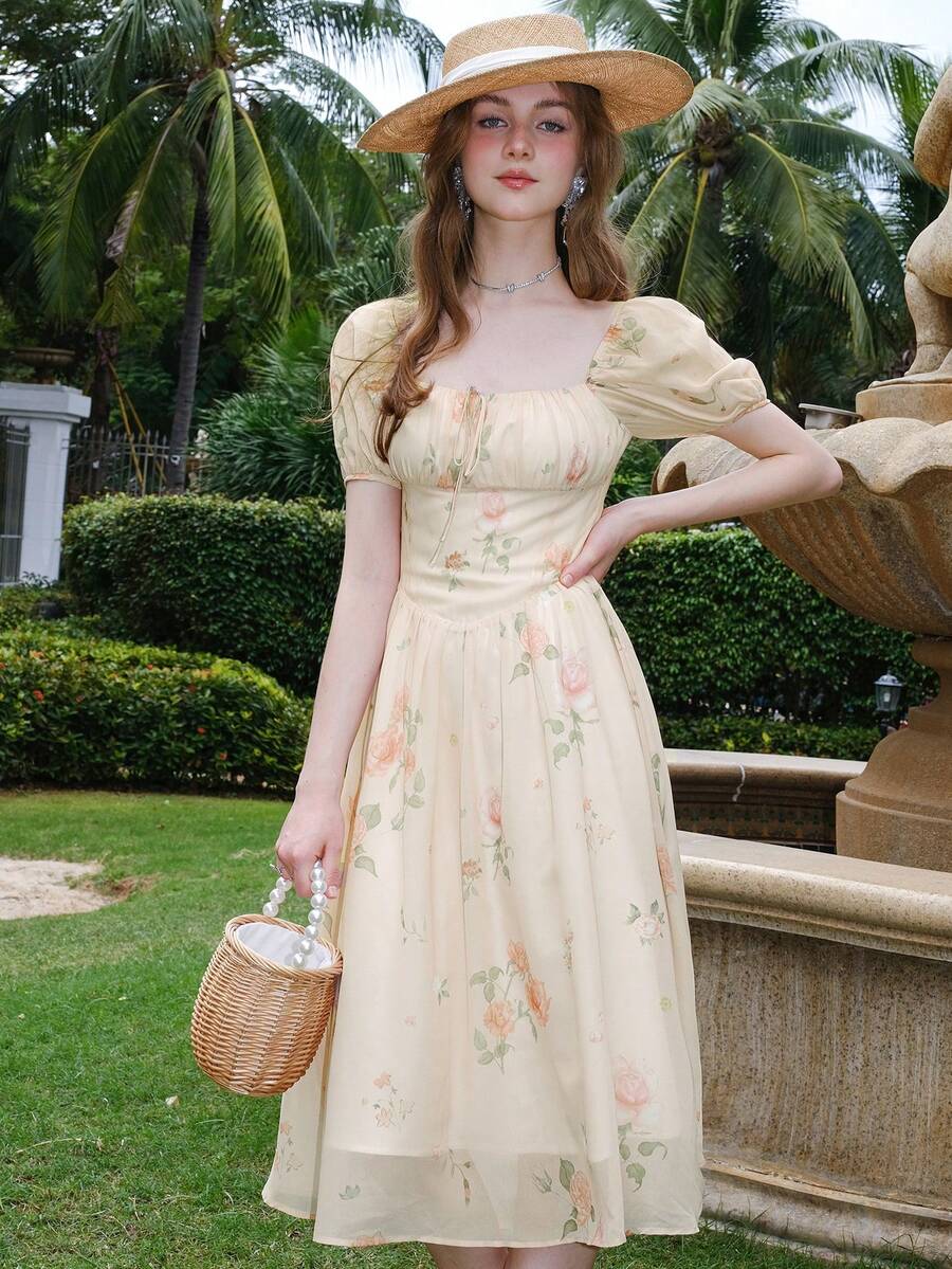 夏季优雅花卉印花泡泡袖收腰连衣裙