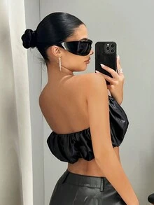 SHEIN ICON Women'S Pleated Strapless Top - Black - View 6