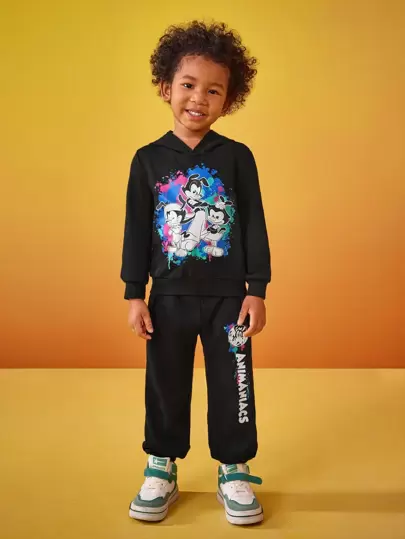 ANIMANIACS X SHEIN Young Boy Cartoon Printed Hooded Sweatshirt And Sports Pants Set