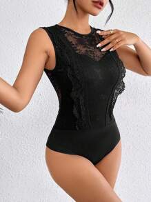 SHEIN Privé Của phụ nữ Gợi cảm & Lãng mạn Ngày lễ tình nhân Bán tuyệt đối Ren Áo liền quần dây treo - màu đen - Xem 4