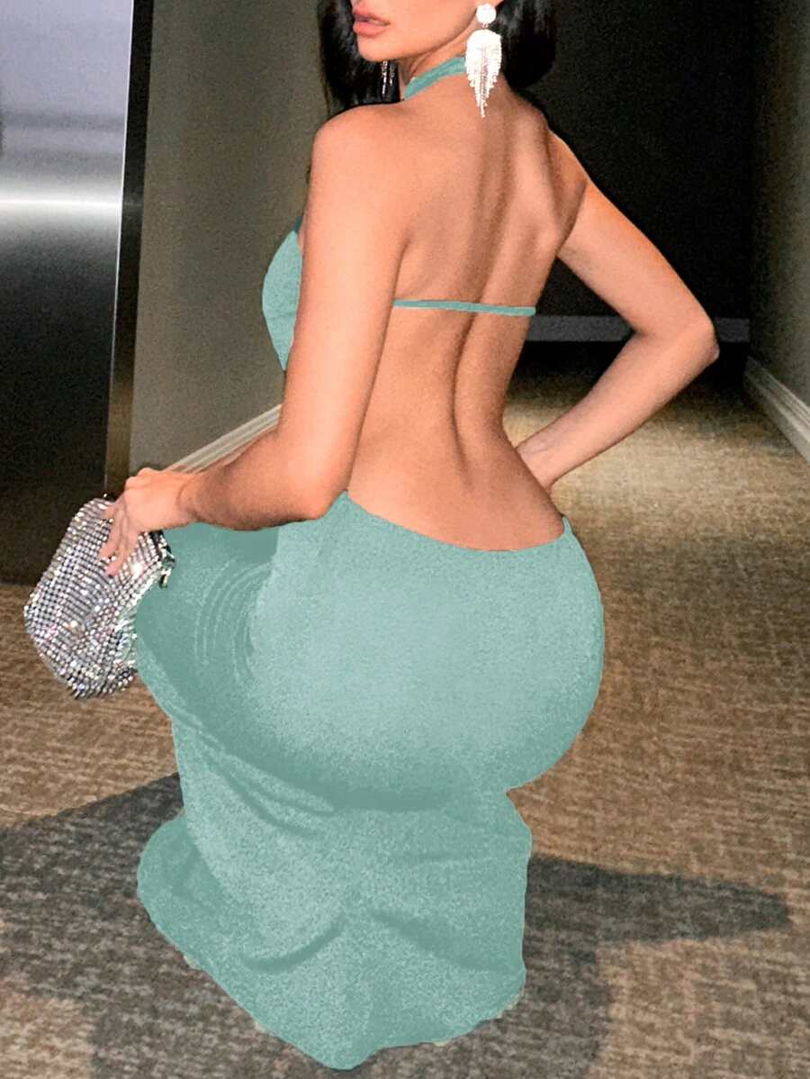 EURMUSE Solid Halter Neck Backless Dress - Green - View 1