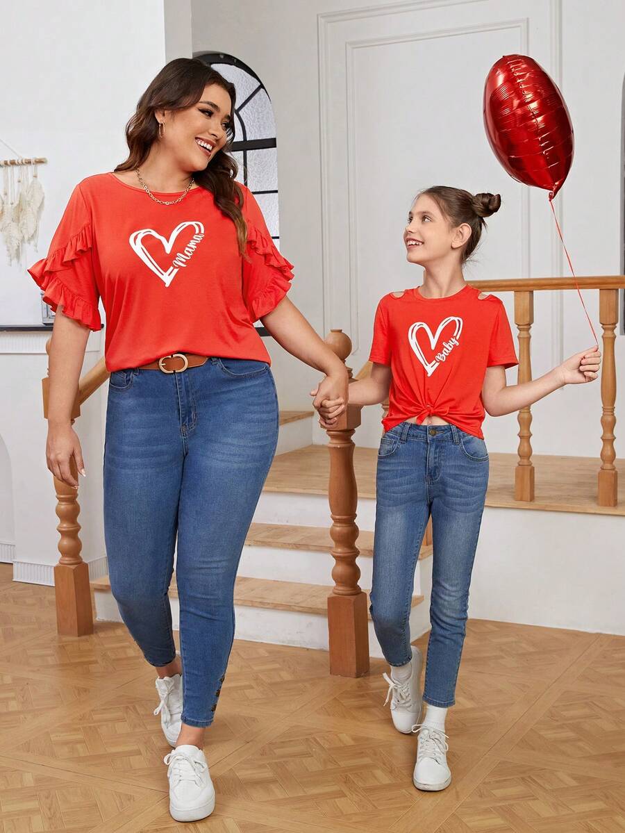 少女心形图案圆领扭结宽松休闲T恤（母女装，两件分开出售） - 紅色 - 查看 1
