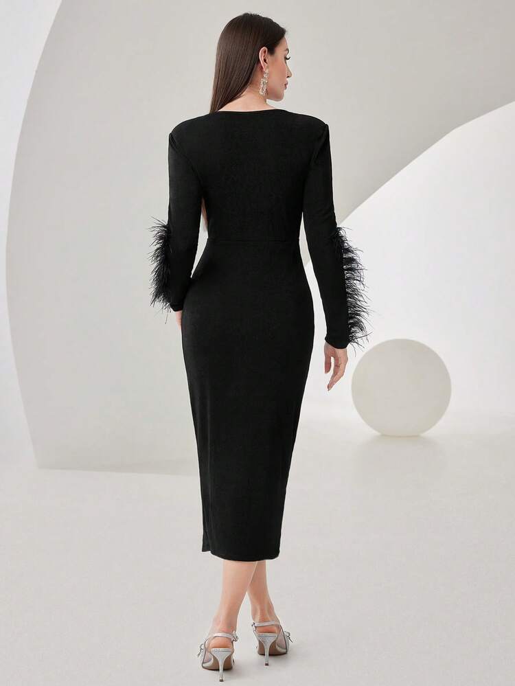 1pc Women's Solid Color V-Neck Patchwork Fuzzy Long Sleeve Ruched Fitted Elegant Dress Long Evening Dresses