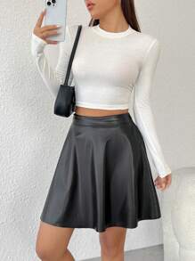 SHEIN PETITE 高腰仿皮裙 - 黑色 - 查看 5