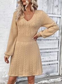 Chiquease Twisted Knit V-Neck Long Sleeve Sweater Dress With Waist Tailoring, No Belt - Apricot - View 3