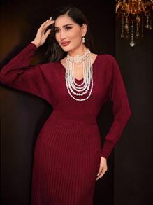 Modelyn Women'S V-Neck Batwing Sleeve Sweater Dress
