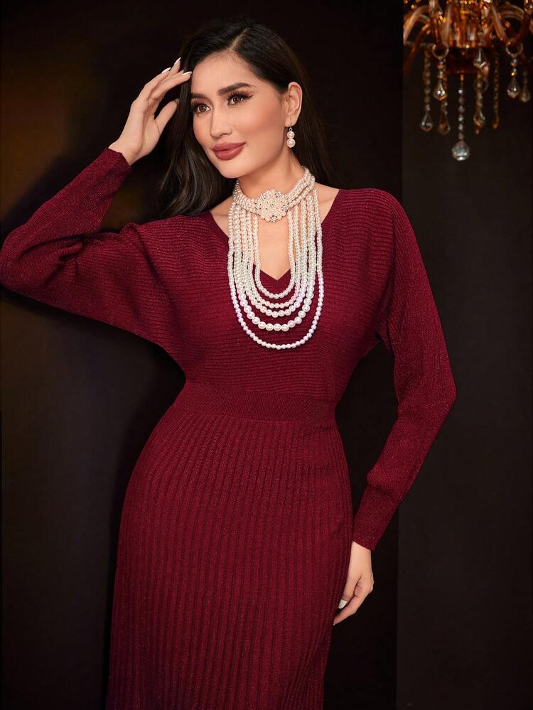 Women'S V-Neck Batwing Sleeve Sweater Dress