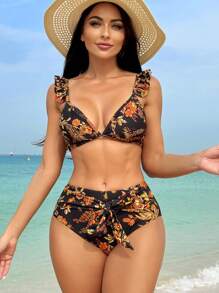 SHEIN Swim 女性印花雙件式比基尼套裝，嘉年華風格 - 彩色 - 查看 1