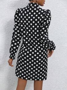 SHEIN Frenchy 波點印花泡泡袖連衣裙 - 黑與白 - 查看 2