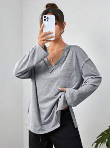 SHEIN EZwear Women's Solid Color Drop Shoulder T-shirt - Grey - View 3