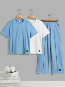 SHEIN Tween Boys' Loose Fit Casual Crew Neck Short Sleeve T-Shirt And Pants 3pcs Outfits Matching Set
