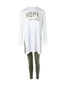Lace-Trimmed Slogan Print Side Split T-Shirt And Pants Set - Green - View 3