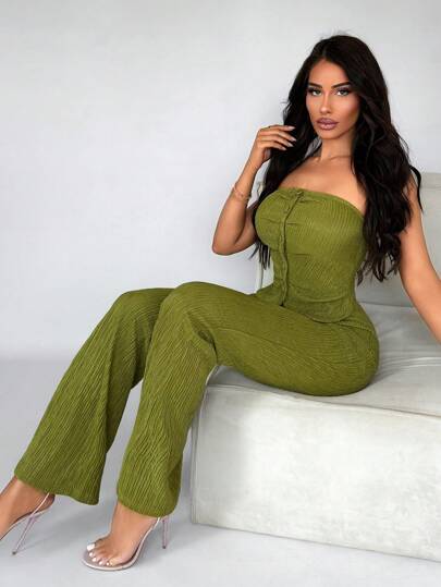 SHEIN SXY Conjunto de top elegante y pantalón largo, look minimalista de oficina, con top satinado y sexy para fiestas. Conjunto de mujer con pantalón verde ajustado con cremallera, sin mangas, acampanado. Atuendo casual de dos piezas para uso diario en primavera/verano.