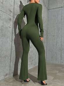 SHEIN Essnce Women'S Scoop Neck Solid Color Unitard Jumpsuit - Green - View 2
