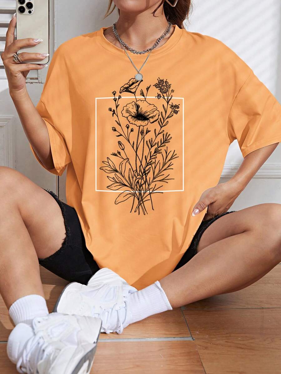 INAWLY Longline Short Sleeve T-Shirt Graphic Tees Women Tops For Spring - Burnt Orange - View 1