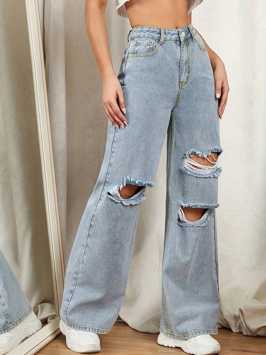 Women'S Loose Straight Leg Distressed Jeans For Streetwear - Light Wash - View 1
