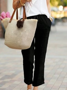 Fashionable Casual Solid Color Elastic Waist Drawstring Pocket Casual Pants - Black - View 4