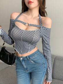 DAZY Women's Cold Shoulder Asymmetrical Hem Plaid T-Shirt