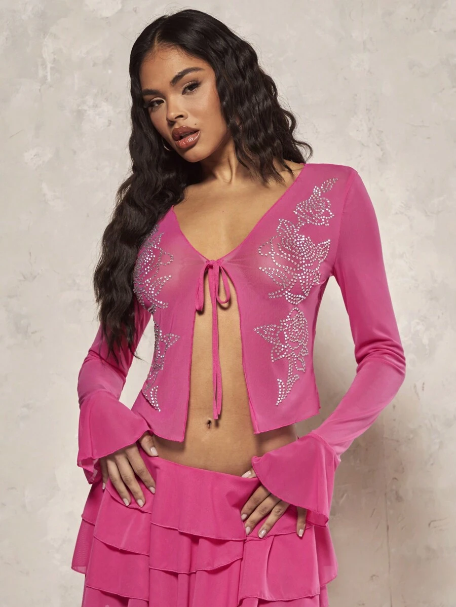 SHEIN BAE Women'S Rose Pattern Rhinestone Embellished Top - Hot Pink - View 1