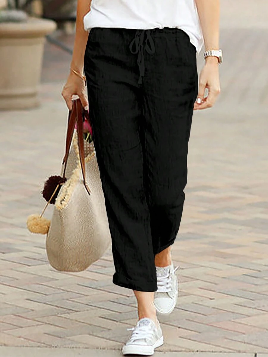 Fashionable Casual Solid Color Elastic Waist Drawstring Pocket Casual Pants - Black - View 1