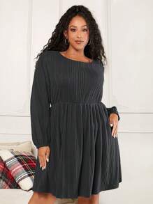 SHEIN CURVE+ 聖誕大碼素色燈籠袖洋裝 - 深灰色 - 查看 4