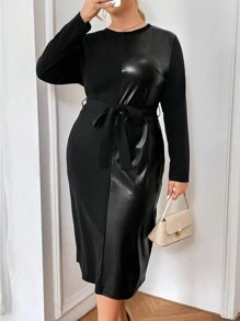 SHEIN Privé Vestido Con Cinturón Y Empalme De Poliuretano De Talla Grande - Negro - Ver 1